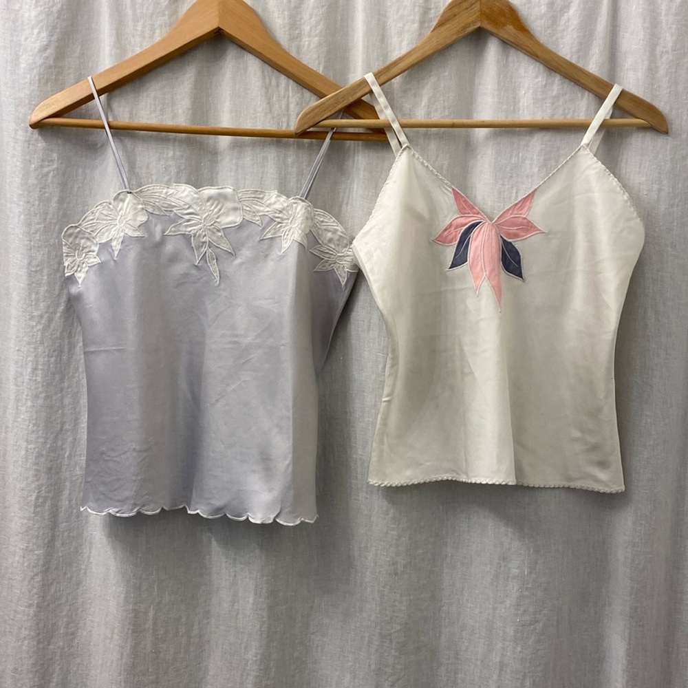 Two Vintage Natori Lingerie Tops Floral Designs Satin Fabric Neiman Marcus 70's